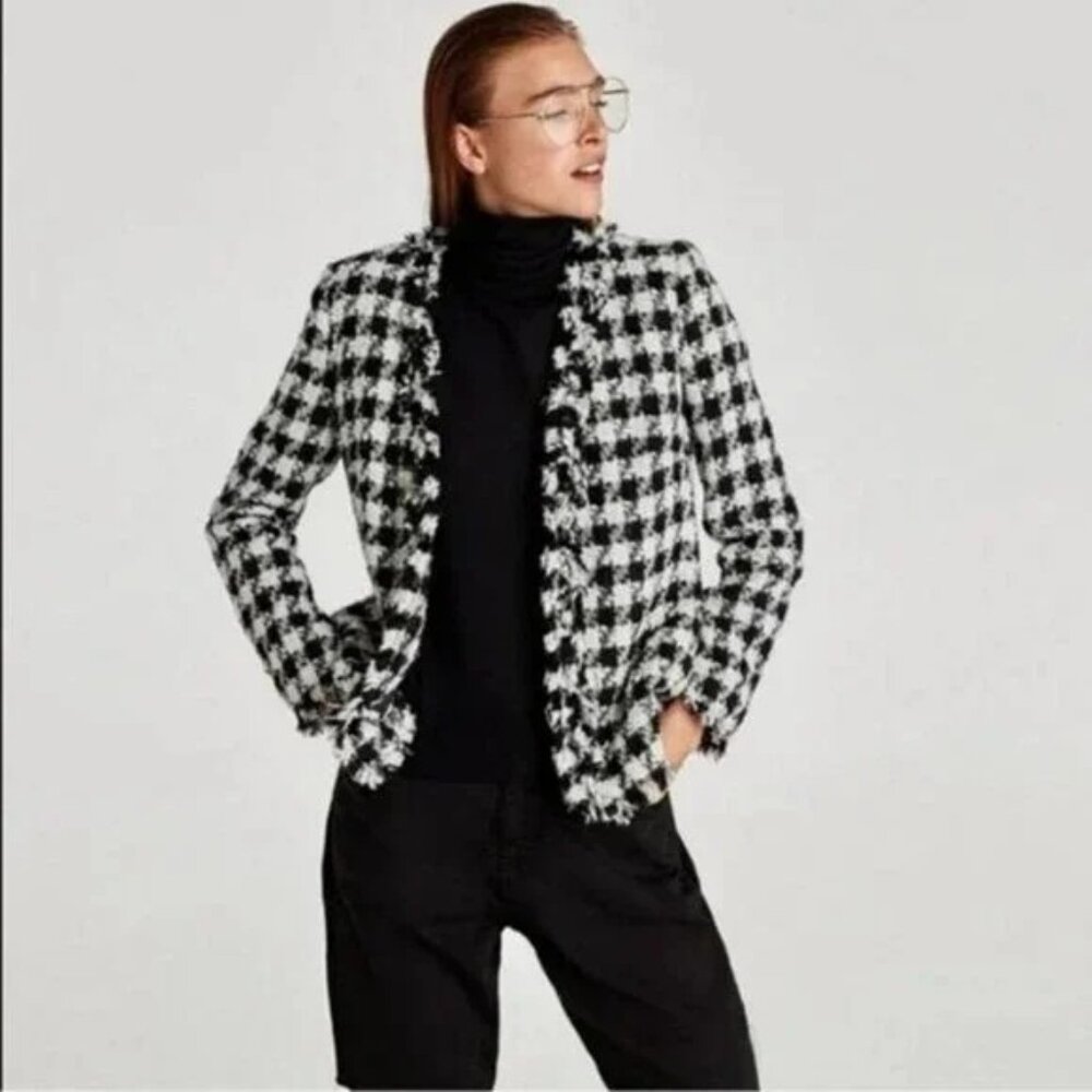 Zara Basic Tweed Blazer Jacket In Black White - image 2